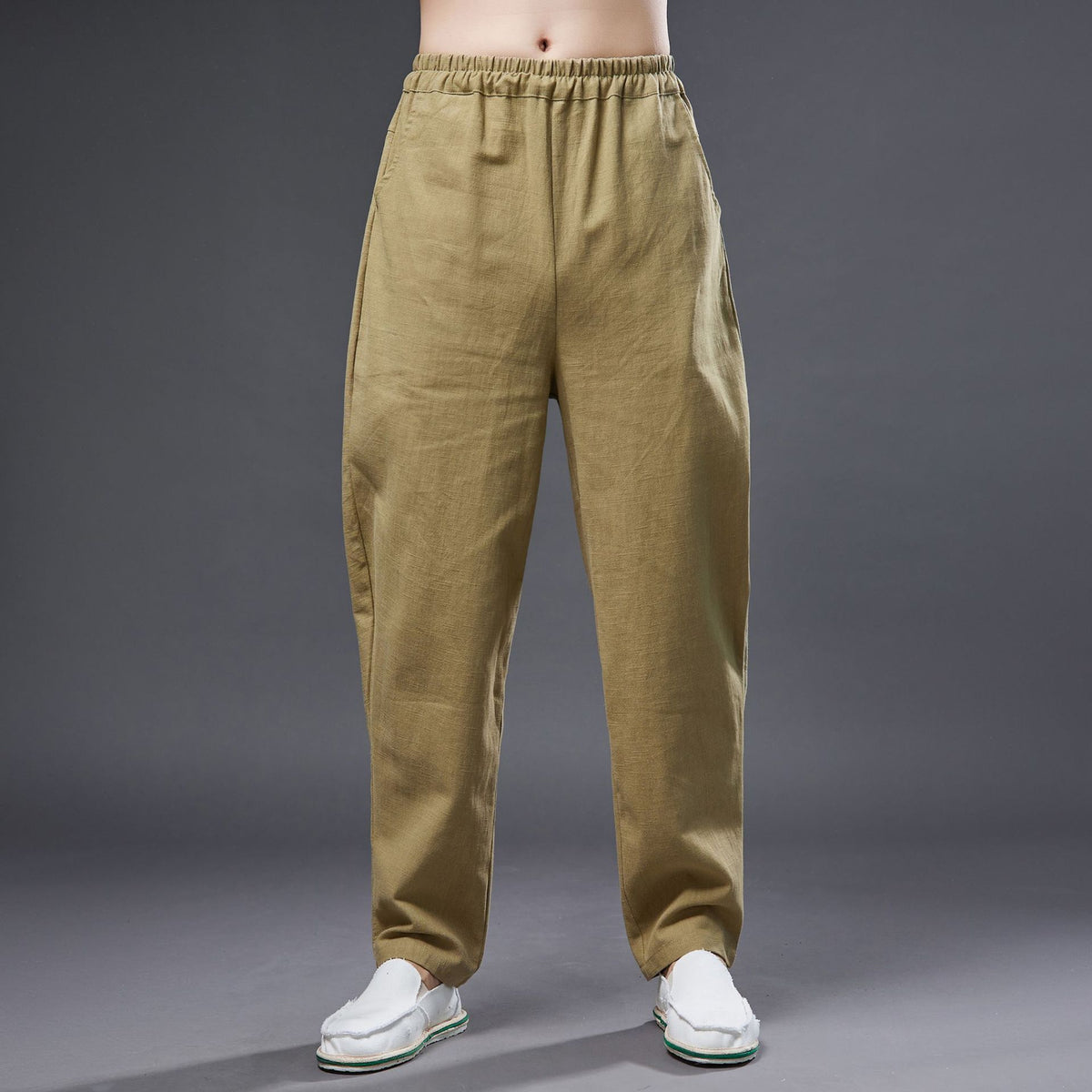 Summer men's cotton linen tapered trousers . Vintage loose casual elastic waist trousers