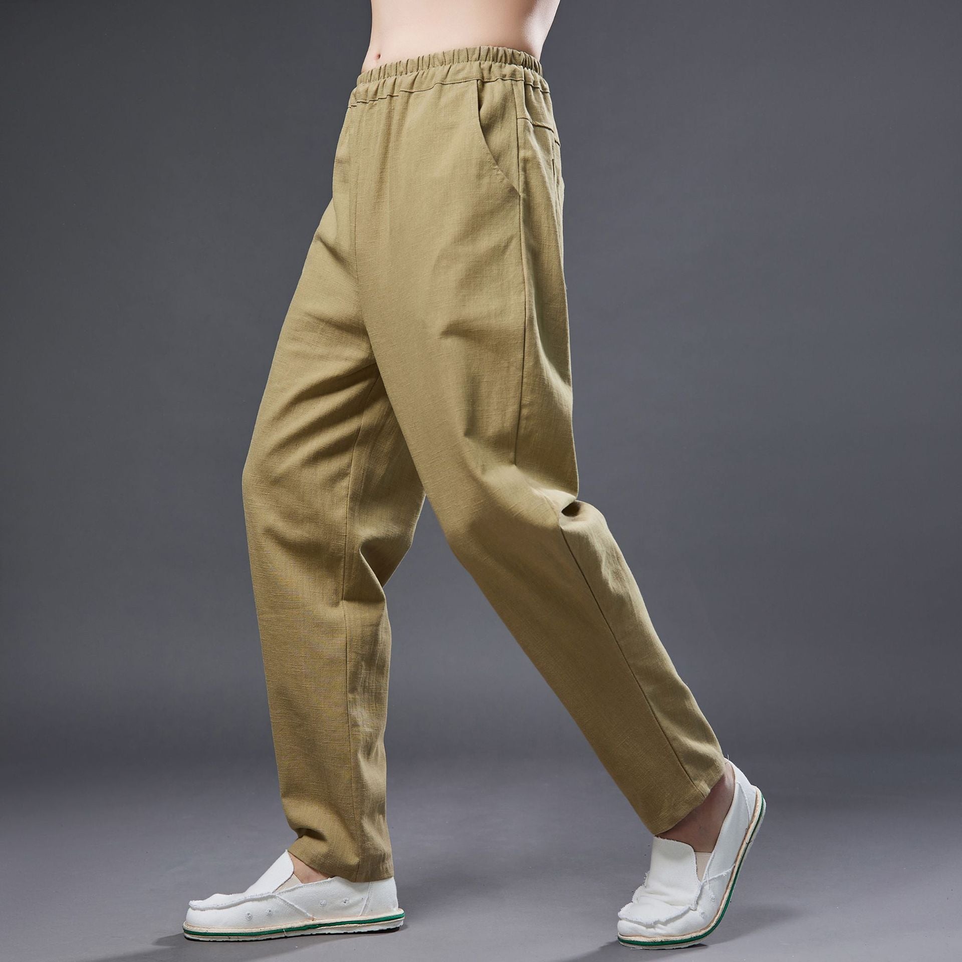 Summer men's cotton linen tapered trousers . Vintage loose casual elastic waist trousers