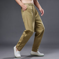 Summer men's cotton linen tapered trousers . Vintage loose casual elastic waist trousers