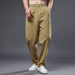 Summer men's cotton linen tapered trousers . Vintage loose casual elastic waist trousers