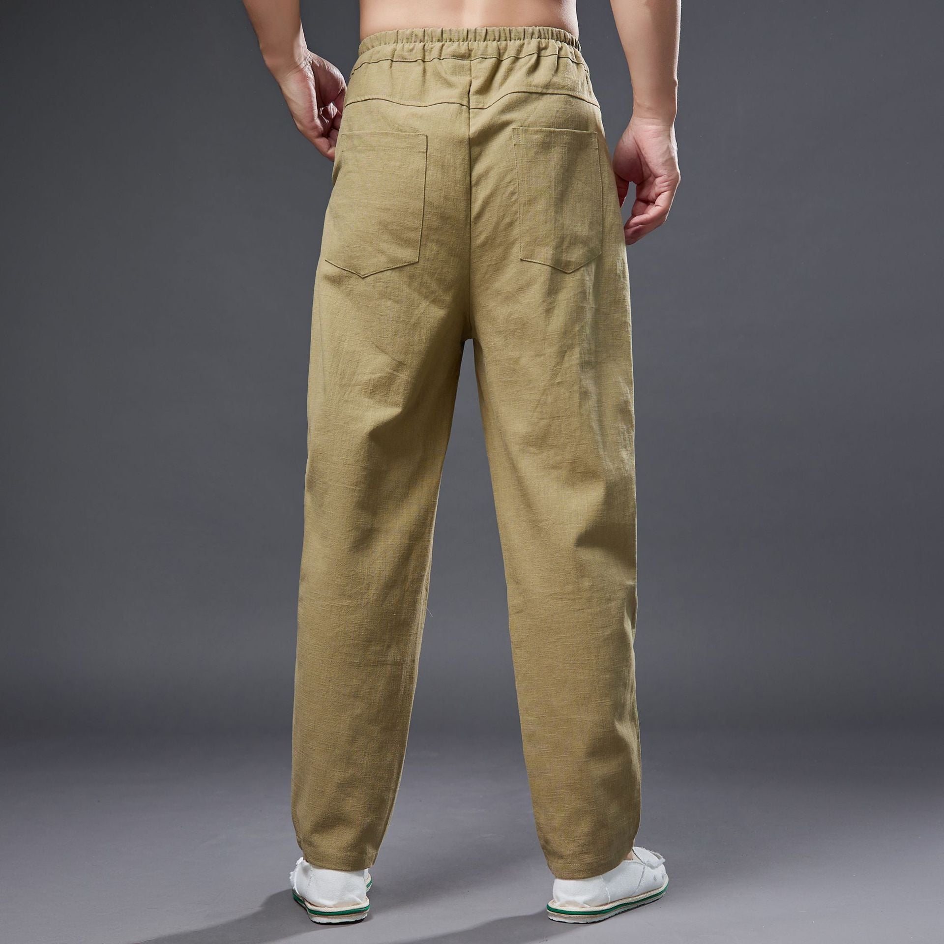 Summer men's cotton linen tapered trousers . Vintage loose casual elastic waist trousers