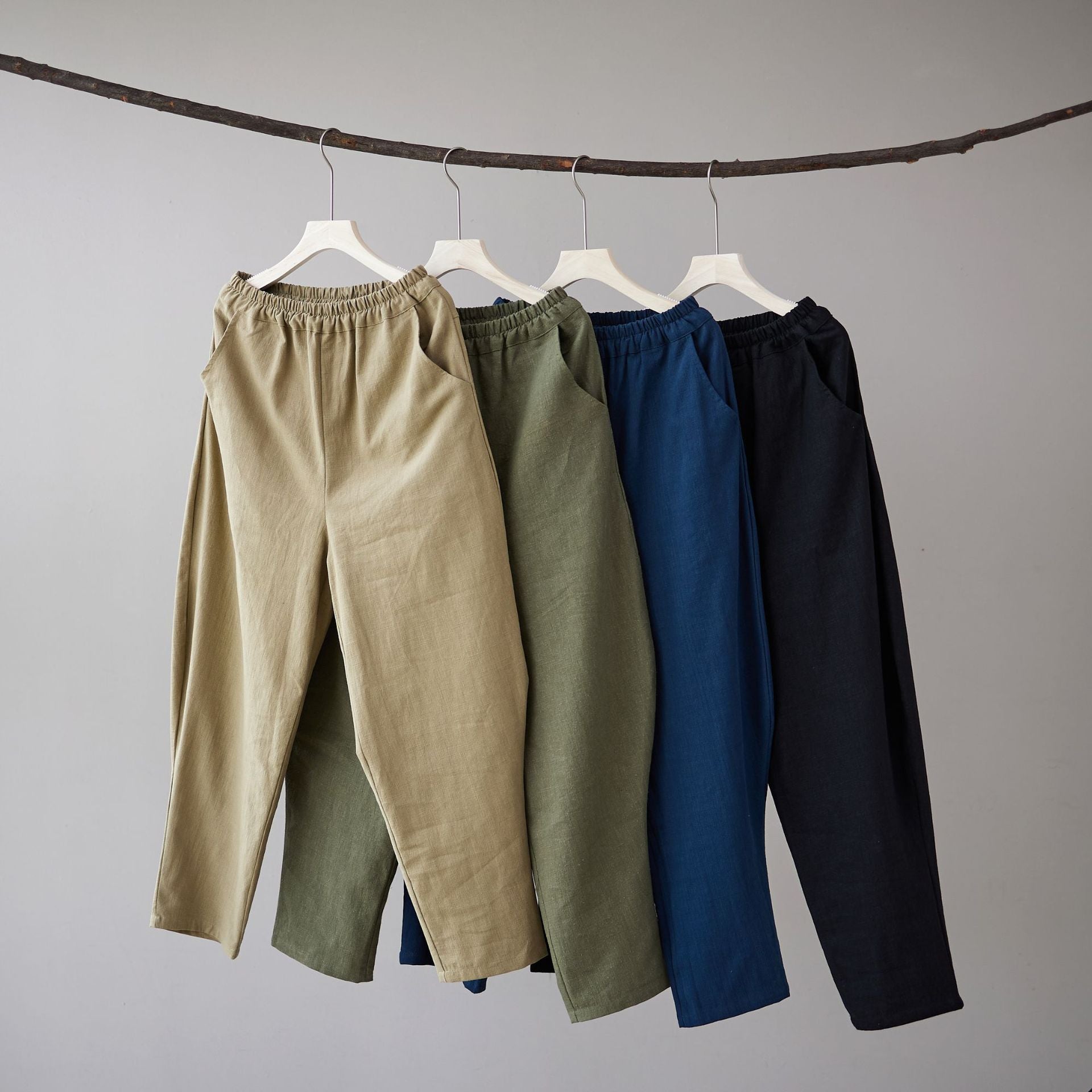 Summer men's cotton linen tapered trousers . Vintage loose casual elastic waist trousers