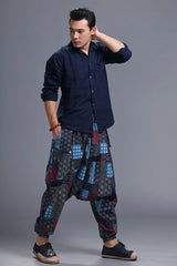 Men's cotton linen harem trousers, elasticated waistband vintage cotton linen trousers