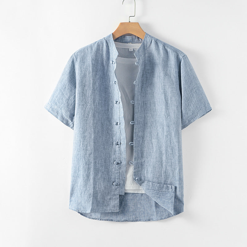 Chinese stand-up collar short sleeve linen shirt, vintage frog button 100% linen shirt