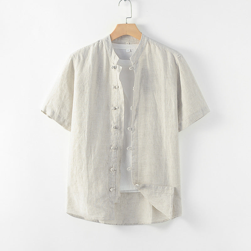 Chinese stand-up collar short sleeve linen shirt, vintage frog button 100% linen shirt