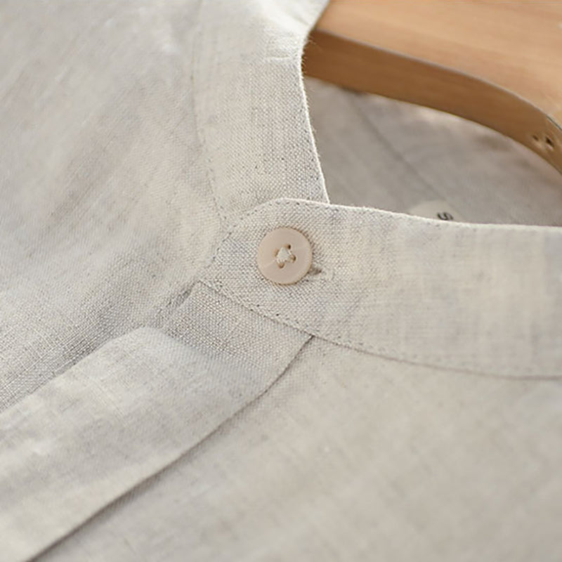 Summer stand-up collar short sleeve linen shirt, vintage frog button 100% linen shirt