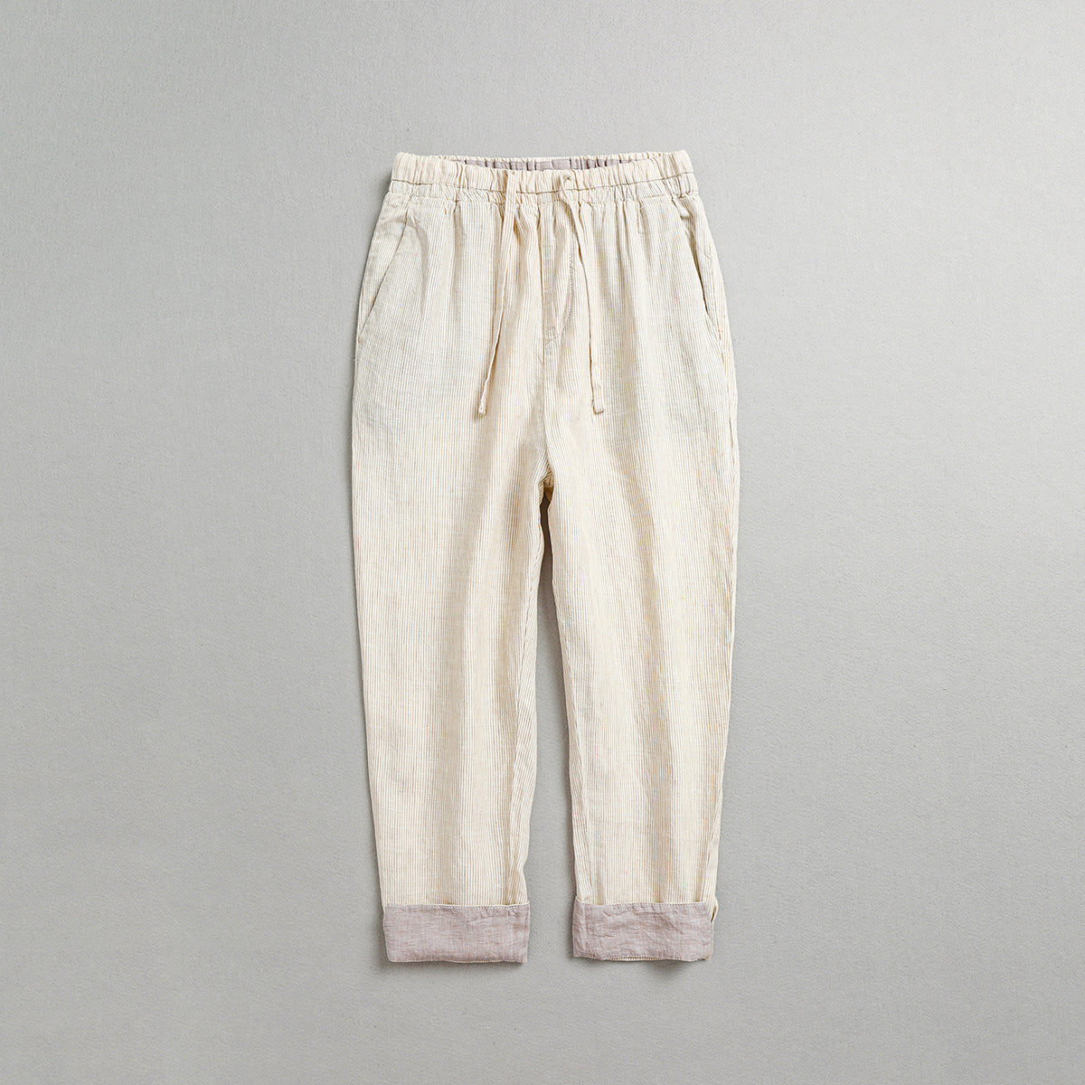 100% Linen Summer Beige Striped Ankle Pants, Men's Elastic Waist Tie Linen Ankle Pants