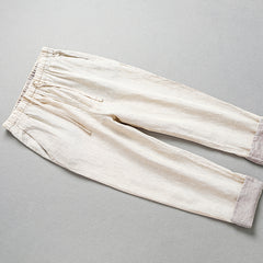 100% Linen Summer Beige Striped Ankle Pants, Men's Elastic Waist Tie Linen Ankle Pants