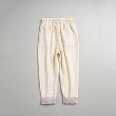 100% Linen Summer Beige Striped Ankle Pants, Men's Elastic Waist Tie Linen Ankle Pants