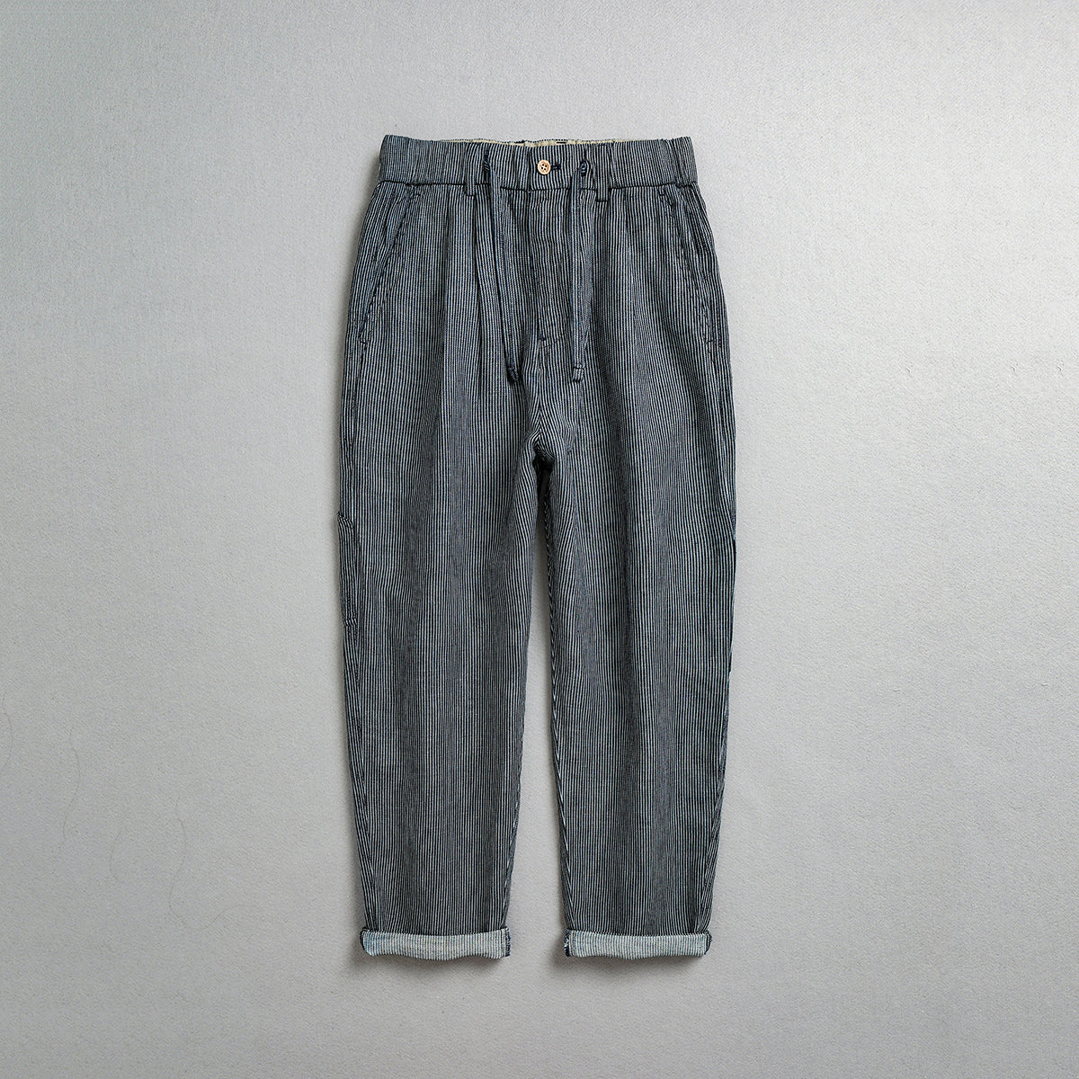 Striped denim ankle pants, loose elastic waist denim harem pants