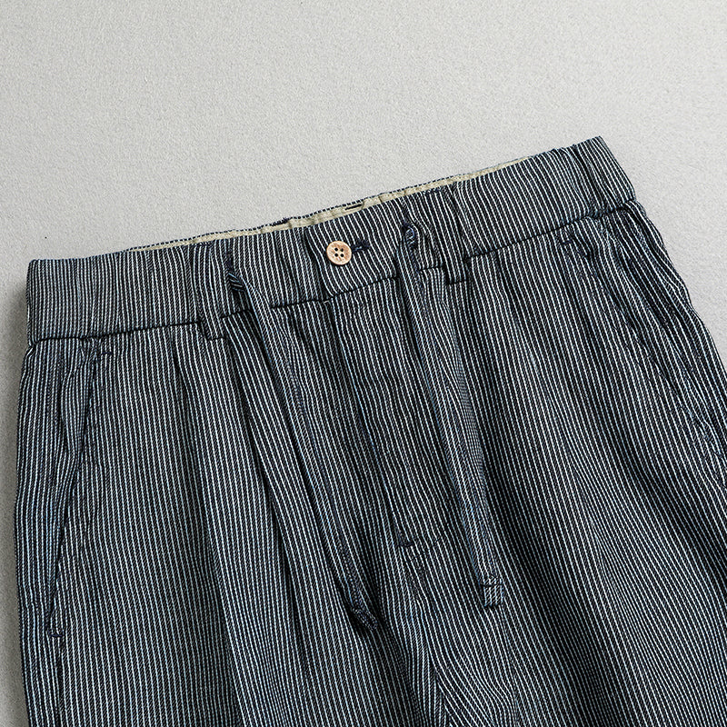 Striped denim ankle pants, loose elastic waist denim harem pants