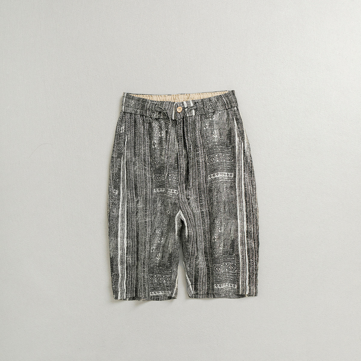 Men's Summer Printed Grey Linen Shorts, 100% Linen Shorts