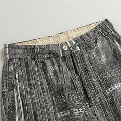 Men's Summer Printed Grey Linen Shorts, 100% Linen Shorts