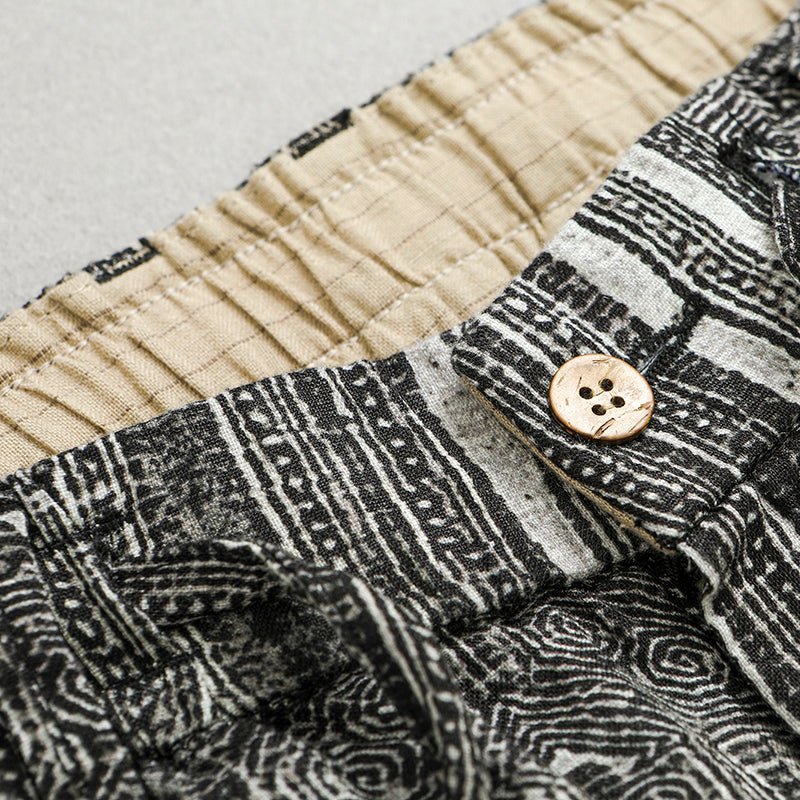 Men's Summer Printed Grey Linen Shorts, 100% Linen Shorts