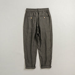 100% Linen Summer Men's Striped Ankle Pants, Elastic Waist Tie Linen Ankle Pants