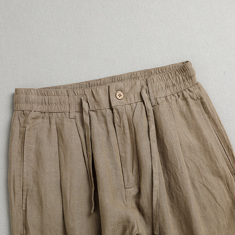 Summer men's 100% linen drawstring pants, vintage elastic waist linen harem pants