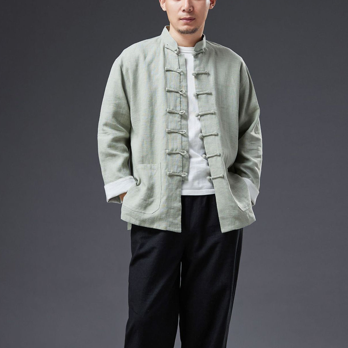 Stand-up Collar Frog Button Cotton and Linen Jacket, Vintage Chinese Bruce Lee Kung Fu Jacket