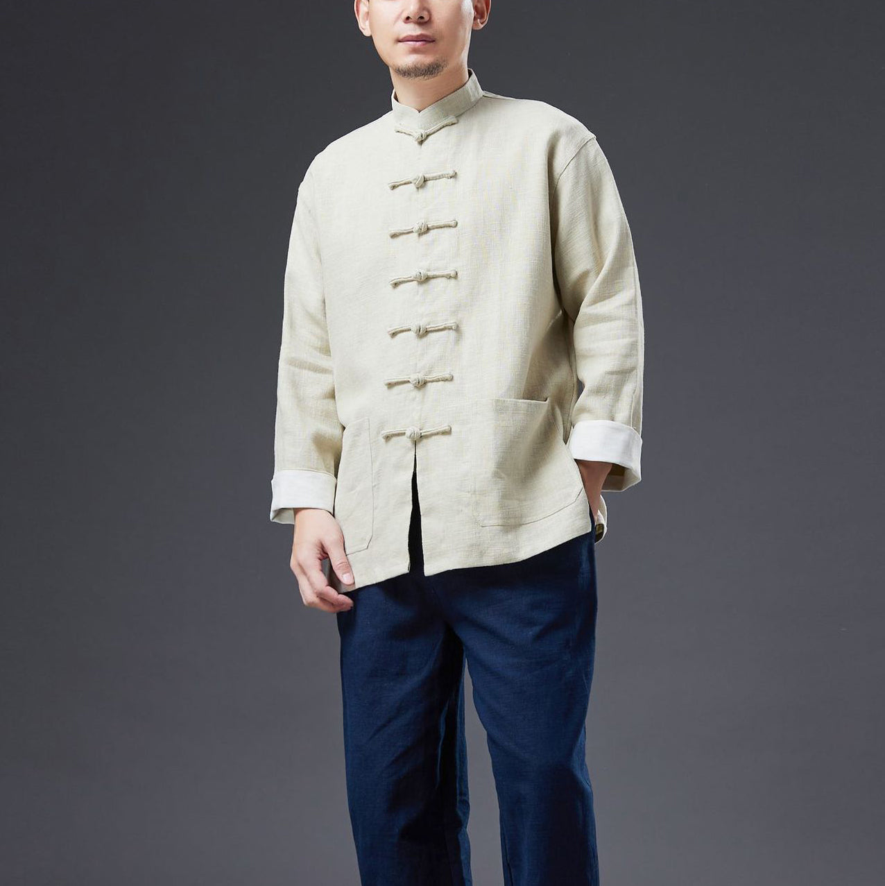 Stand-up Collar Frog Button Cotton and Linen Jacket, Vintage Chinese Bruce Lee Kung Fu Jacket