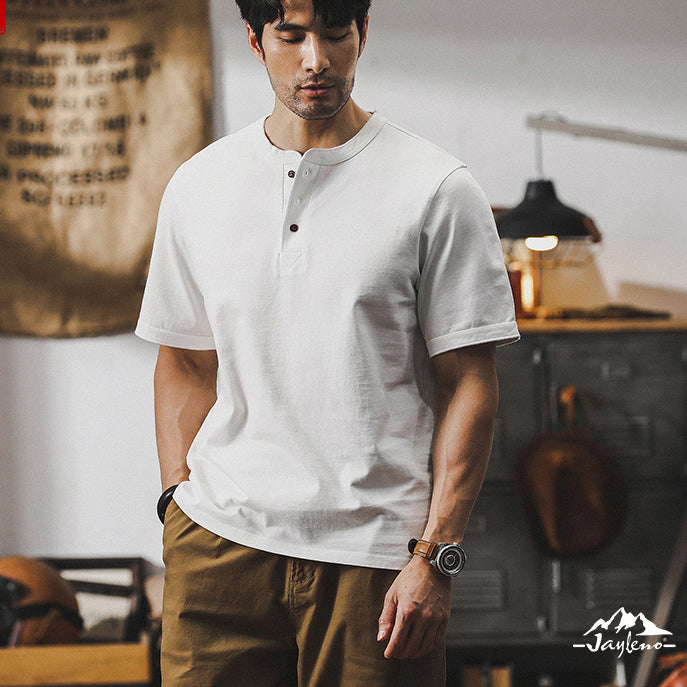 Summer Henley Neck Cotton T-Shirt, Vintage V-Neck Loose Casual T-Shirt 20240804