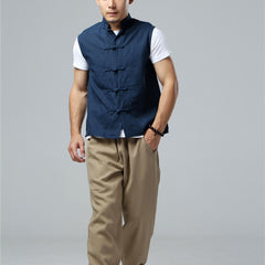 Summer Men's Frog Button Sleeveless Cotton  Linen Shirt, Standing Collar Casual Cotton and Linen Sleeveless Jacket