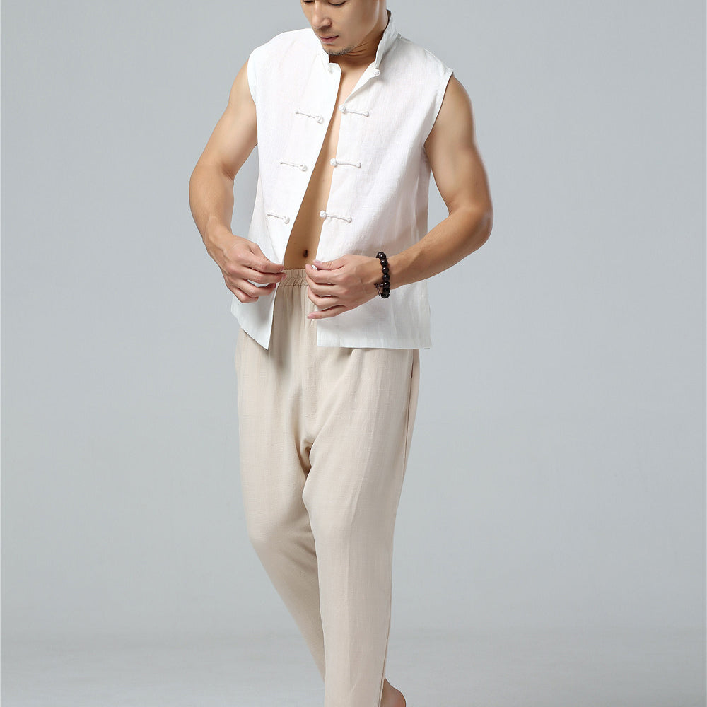 Summer Men's Frog Button Sleeveless Cotton  Linen Shirt, Standing Collar Casual Cotton and Linen Sleeveless Jacket