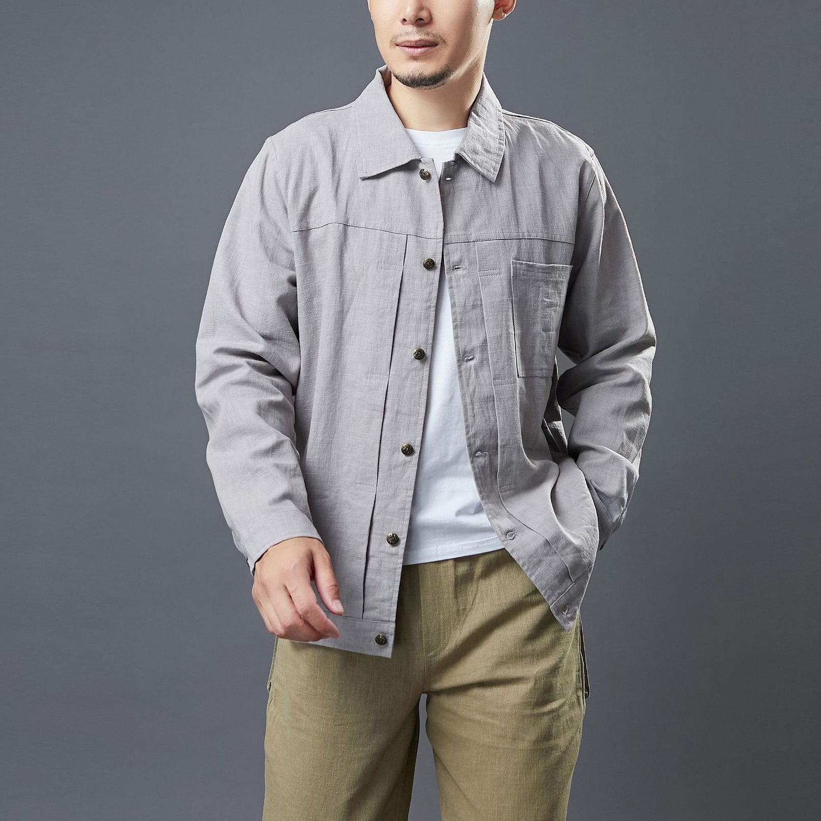 Cotton Linen Casual Jacket, Men's Long Sleeve Jacket