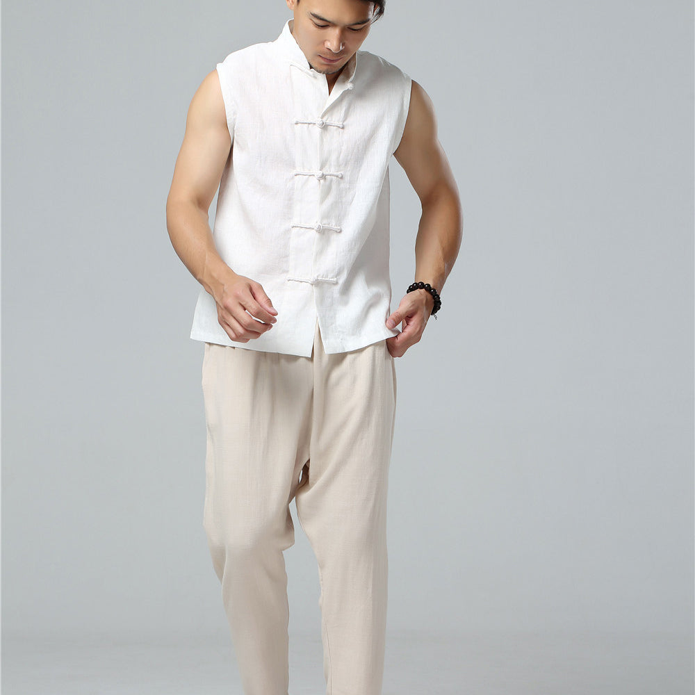 Summer Men's Frog Button Sleeveless Cotton  Linen Shirt, Standing Collar Casual Cotton and Linen Sleeveless Jacket