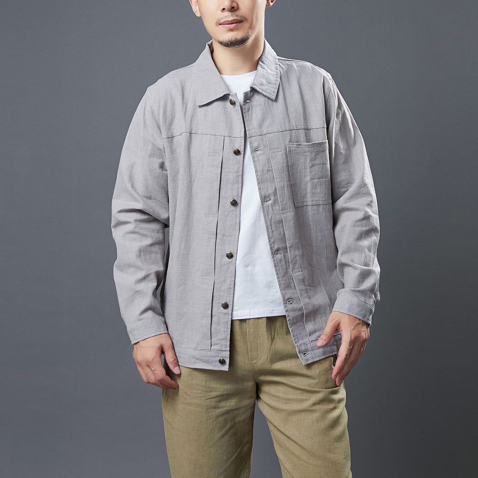 Cotton Linen Casual Jacket, Men's Long Sleeve Jacket