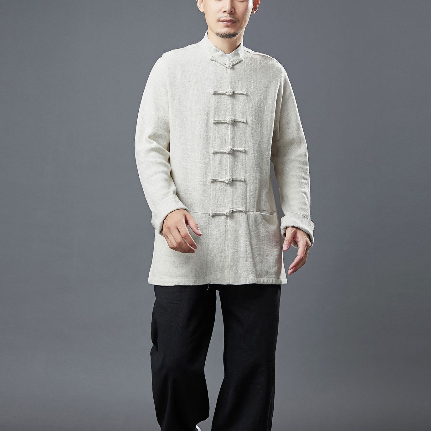 Standing collar loose linen jacket, frog button casual kung fu jacket