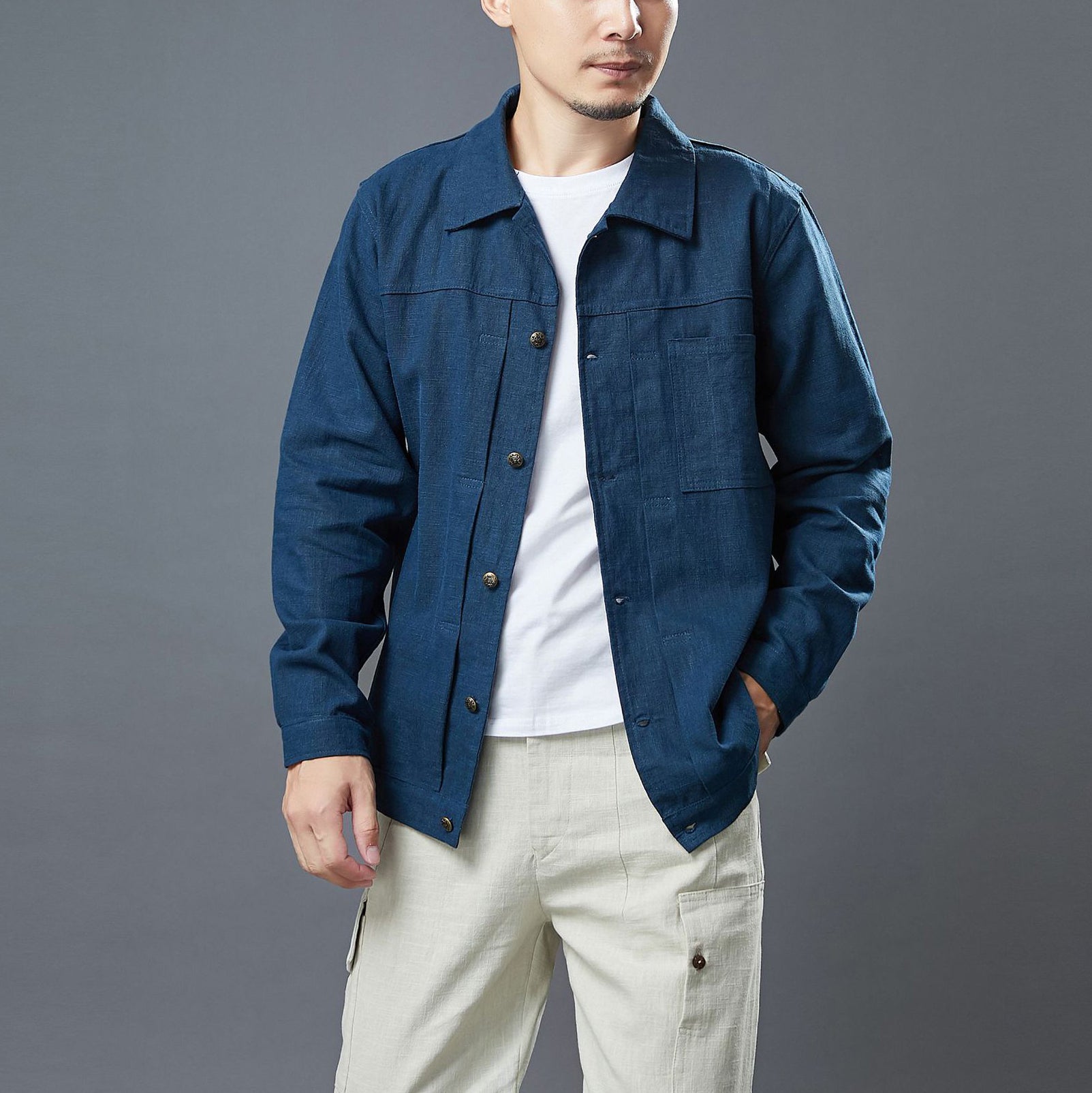 Cotton Linen Casual Jacket, Men's Long Sleeve Jacket