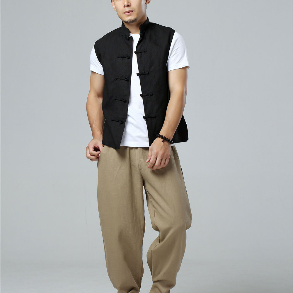 Summer Men's Frog Button Sleeveless Cotton  Linen Shirt, Standing Collar Casual Cotton and Linen Sleeveless Jacket