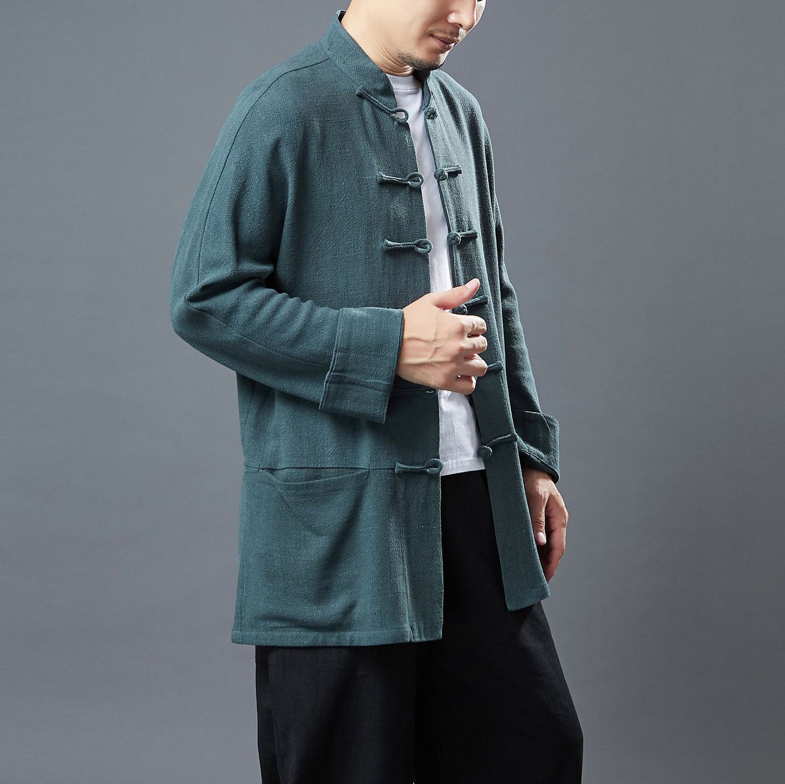 Standing collar loose linen jacket, frog button casual kung fu jacket