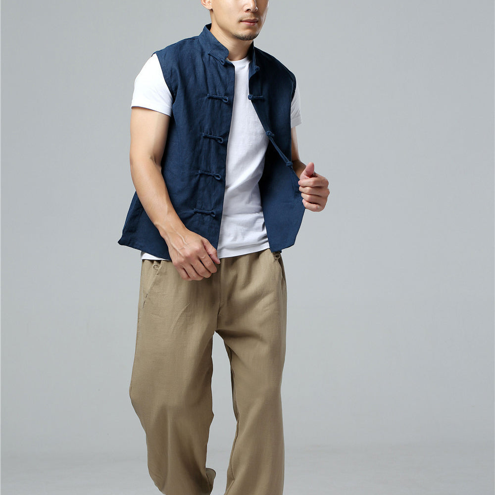 Summer Men's Frog Button Sleeveless Cotton  Linen Shirt, Standing Collar Casual Cotton and Linen Sleeveless Jacket