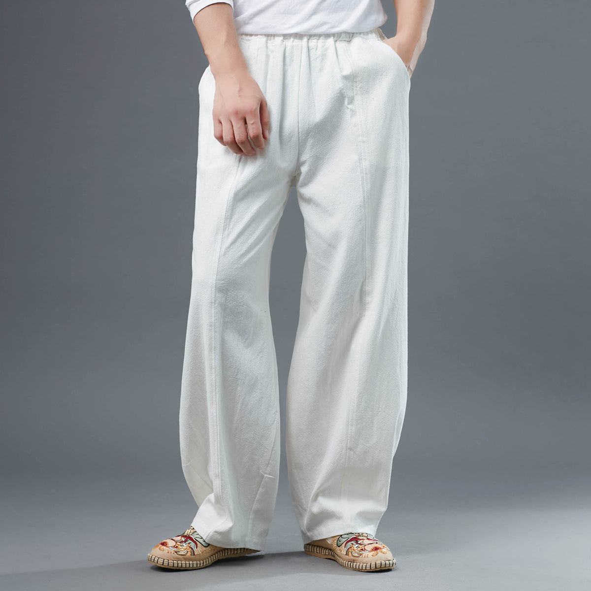 Men's Cotton Linen Straight Leg Pants, Elastic Waist Vintage Cotton Linen Pants