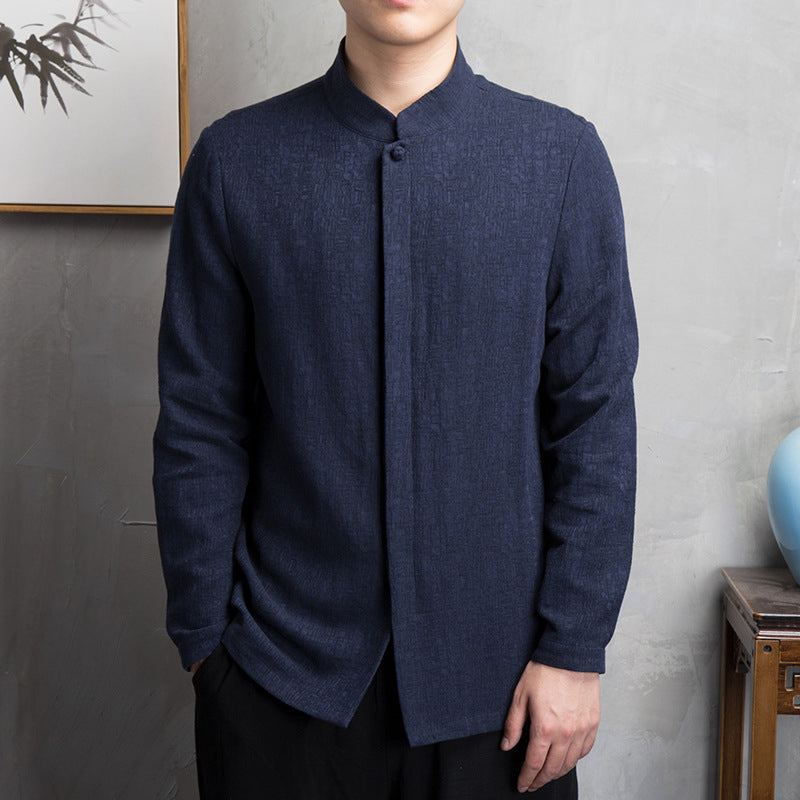 Men's stand-up collar cotton linen long-sleeved shirt, retro Chinese cotton linen casual shirt