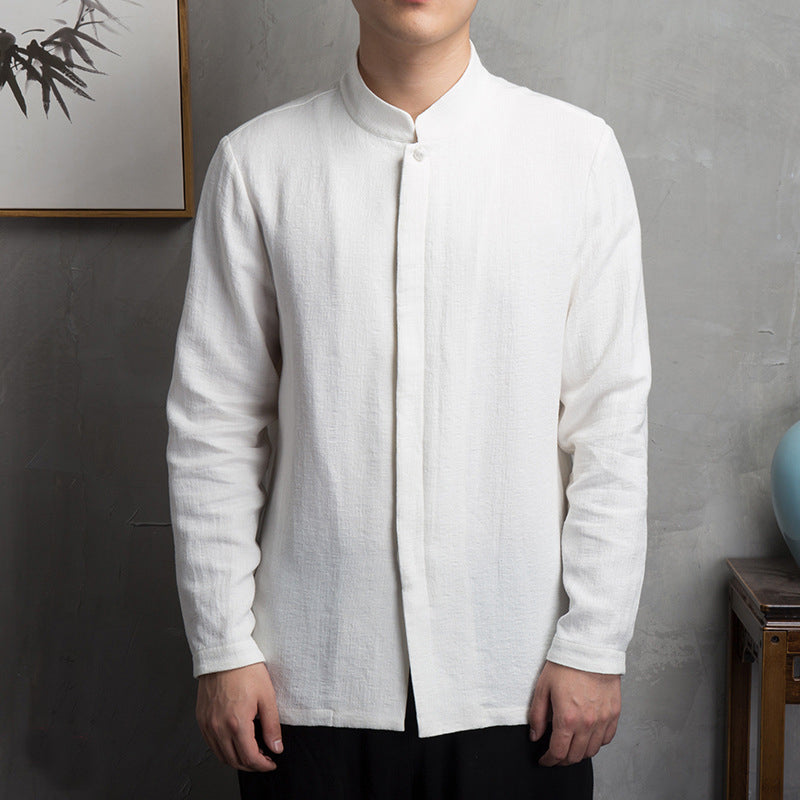 Men's stand-up collar cotton linen long-sleeved shirt, retro Chinese cotton linen casual shirt