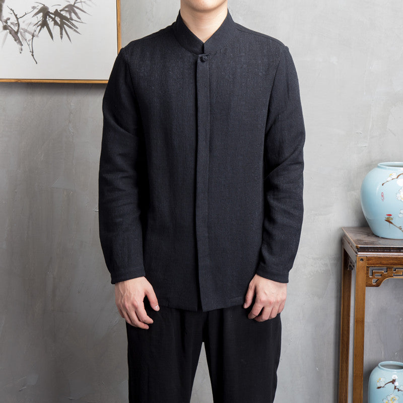 Men's stand-up collar cotton linen long-sleeved shirt, retro Chinese cotton linen casual shirt