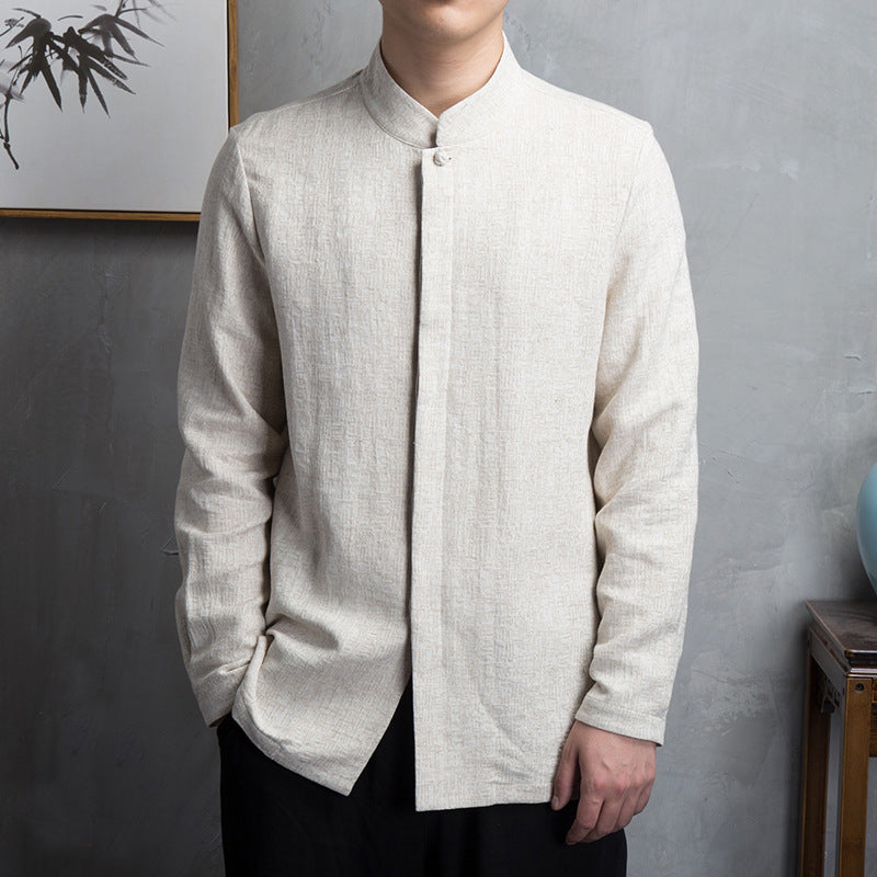 Men's stand-up collar cotton linen long-sleeved shirt, retro Chinese cotton linen casual shirt