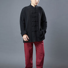 Standing collar loose linen jacket, frog button casual kung fu jacket