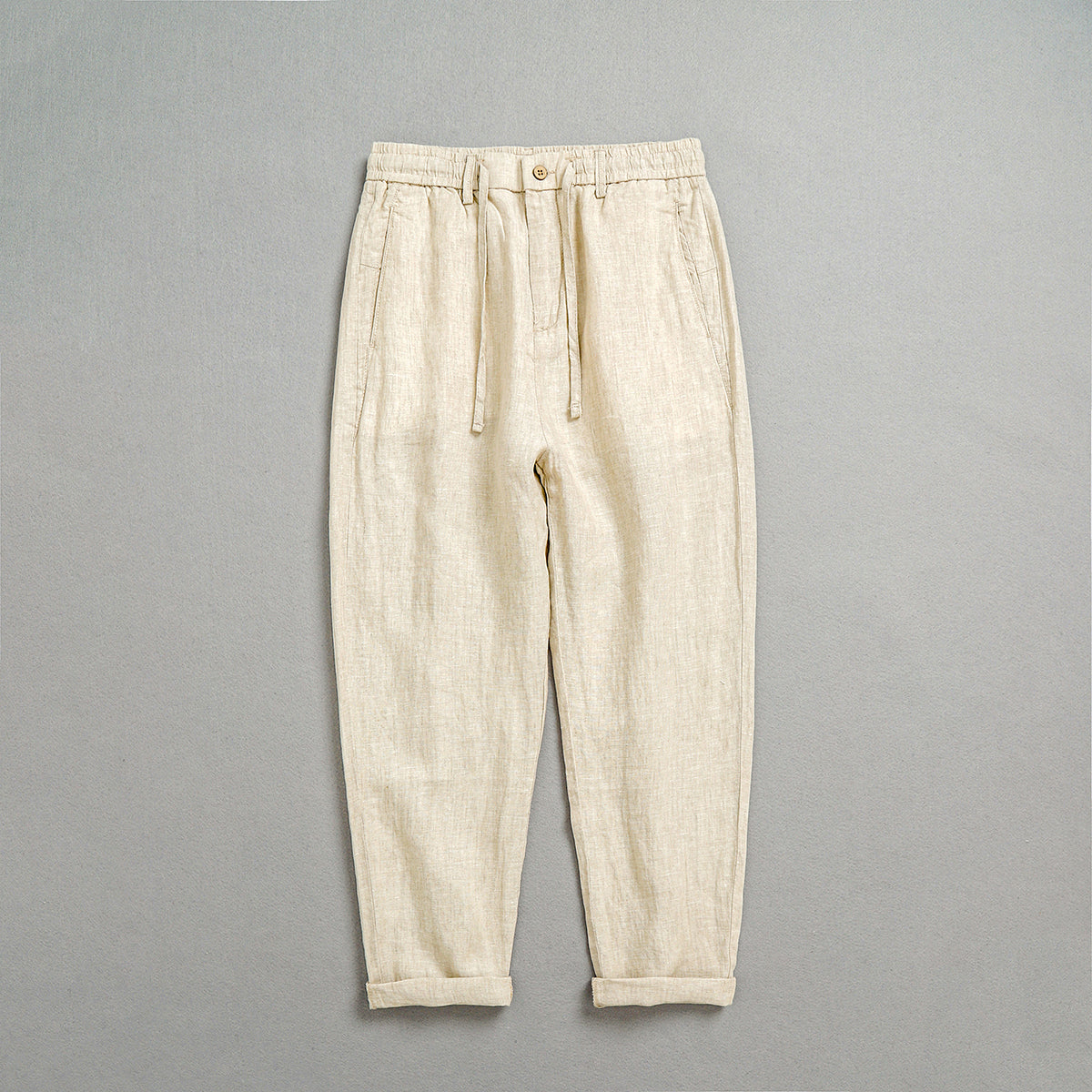 100% linen summer ankle pants, men's elastic waist tie linen ankle pants