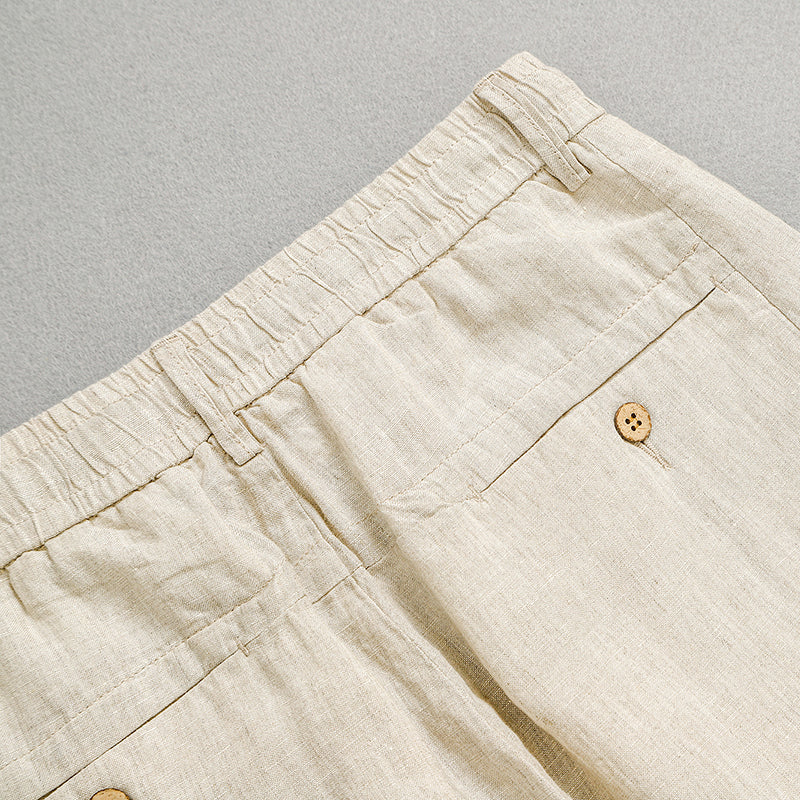 100% linen summer ankle pants, men's elastic waist tie linen ankle pants