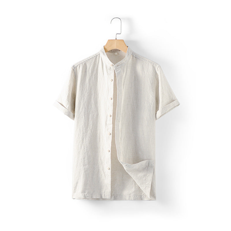 Summer stand-up collar short sleeve linen shirt, vintage frog button 100% linen shirt