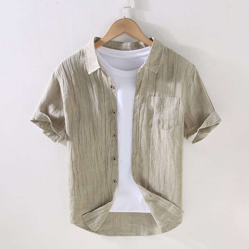 Pleated Short Sleeve Linen Shirt, Vintage Loose Summer Shirt