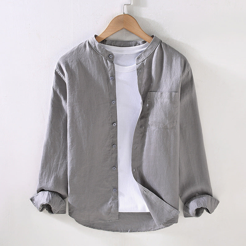 Standing collar long sleeve linen shirt with pockets, 6 colours 100% linen shirt, Chinese men's summer shirt