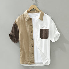 Patchwork linen shirt, summer short sleeve 100% linen shirt