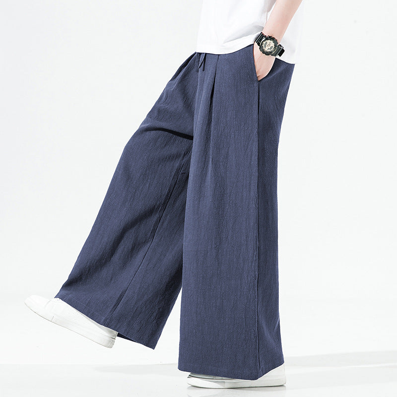 Elastic Waist Cotton Linen Wide Leg Pants, Men's Casual Cotton Linen Wide Leg Pants