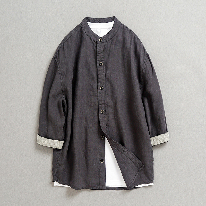 100% linen shirt, 5-color stand up collar casual loose oversized linen shirt, men's summer linen shirt