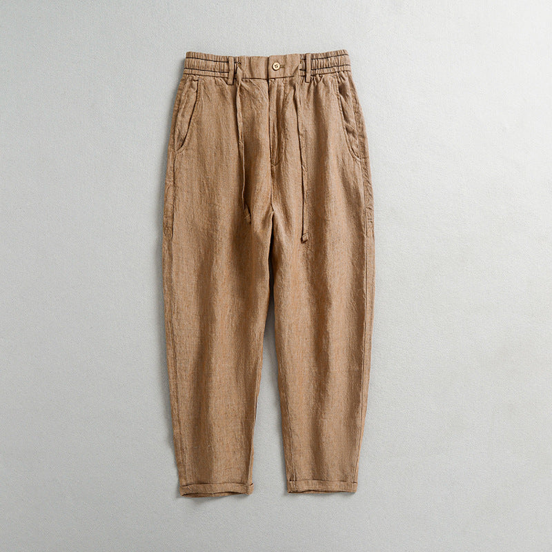 Men's summer loose linen ankle pants, elastic waist linen pants