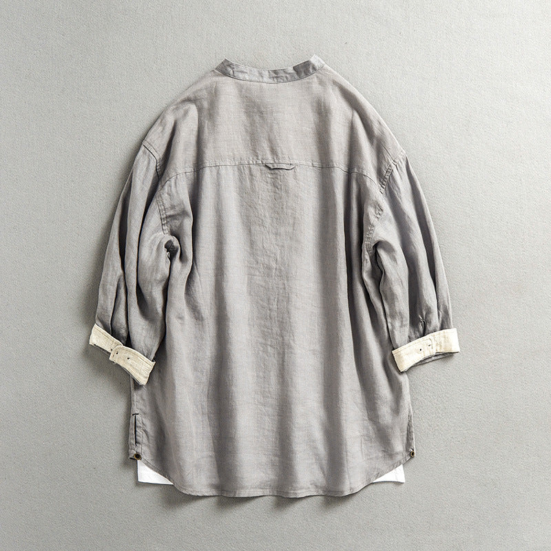 100% linen shirt, stand up collar casual loose oversized linen shirt, men's summer linen shirt