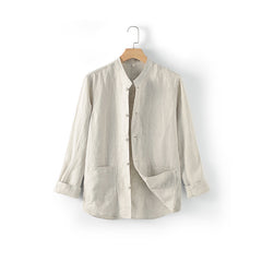 Long Sleeve Standing Collar Linen Shirt, Men's 100% Linen Shirt